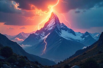 A dramatic, stylized image of a lightning bolt striking a majestic mountain peak, symbolizing spiritual awakening and divine power , power, god, meditation