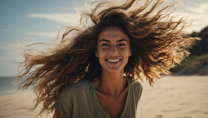 Smiling woman with hair tousled by the wind, standing on a sandy shore.

