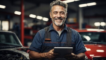 Happy mature car mechanic in uniform holding a digital tablet, smiling at an auto repair shop.

