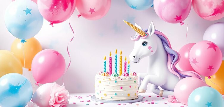 Pastel watercolor unicorn birthday scene with balloons & cake, tail, happy