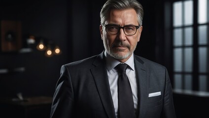 Mature businessman captured against a sleek black backdrop inside an industrial loft space.

