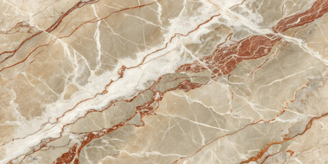 Beige marble with dramatic rusty-red veining, showing rich terracotta streaks across a warm cream background with fine white detailing