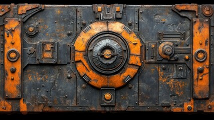 Rusty metal panel with circular detail. Orange accents highlight bolted and riveted connections; industrial texture
