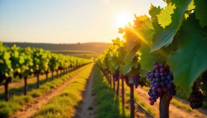 Naklejka premium Sun-drenched rows of grapevines stretching to the horizon, ripe bunches of grapes hanging heavy on the vines, a picturesque vineyard landscape ideal for wine production , rows, farming landscape