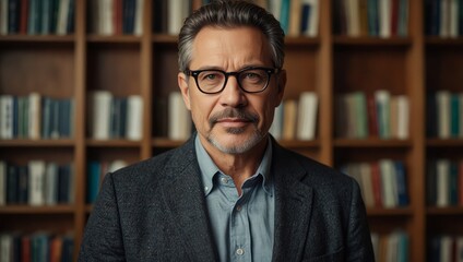 Older gentleman wearing glasses, posed confidently before a wall of books.

