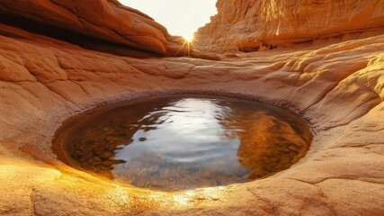 Timelapse of sunlit desert pool reflecting changing skies in arid canyon setting