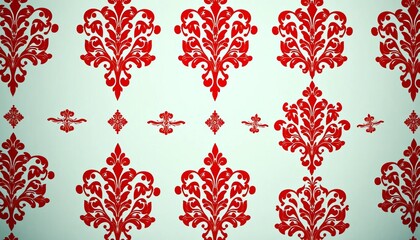 Rich red flock wallpaper, damask pattern on white background, image, room