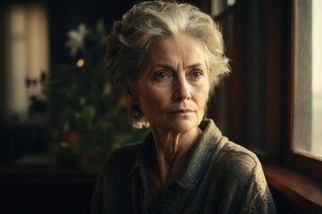 Contemplative portrait of a senior woman looking thoughtfully through a window.

