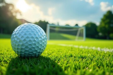 Obraz premium Golf ball on a football field, tee next to goalpost, funny, tee, golf