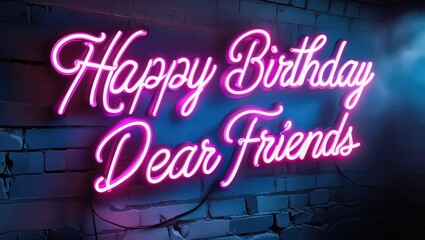 Obraz premium A neon sign displaying happy birthday dear friends on a brick wall with a dark background glow effect