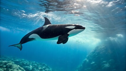 Obraz premium Orca swimming gracefully in clear blue ocean water near coral reef during sunny daytime