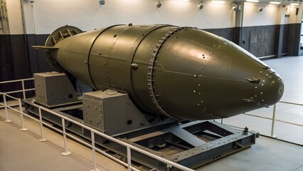 Model of an atomic bomb displayed in a secure facility, showcasing intricate engineering and military design elements