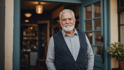 Portrait of senior male small business owner standing in doorway