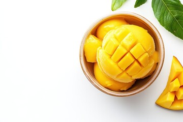 Fresh mango slices in bowl with leaves