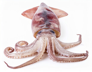 A cleaned raw squid isolated on white background, front view, ultra realistic texture, commercial use, clipping path