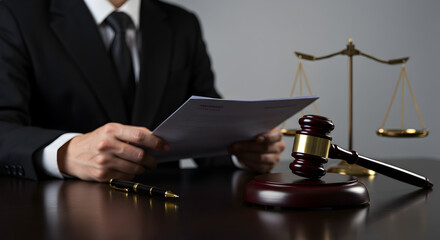 Person in Black Suit Holding Papers Beside Gavel Scales of Justice at Wooden Desk in Professional Office