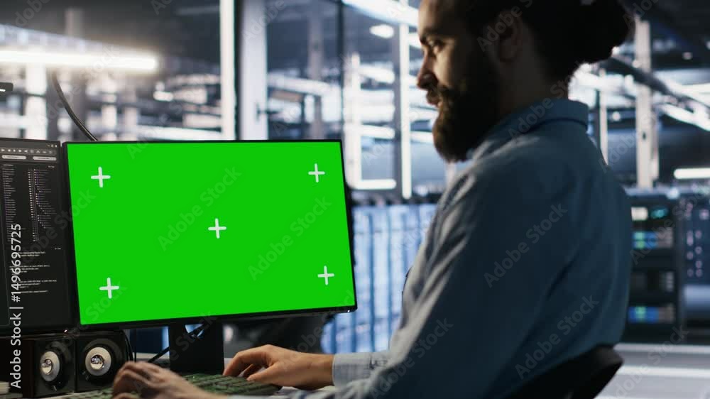 Poster close up of server farm system administrator using green screen pc to monitor neural network ai. dat