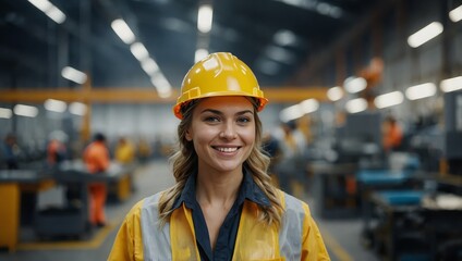Confident woman in safety gear, smiling while working in a modern industrial factory.


