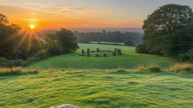 wide angle view of ancient stone circle at solstice celebration site