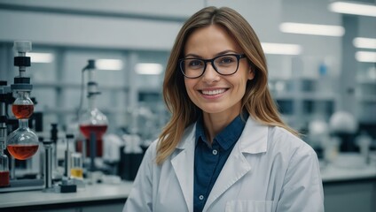 Portrait of a cheerful researcher standing in a contemporary lab environment.

