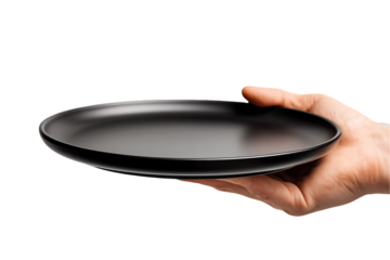 Hand Holding a Black Plate Against a Transparent Background, PNG