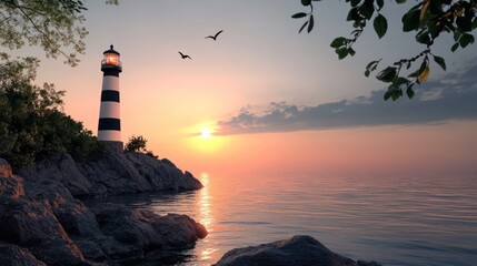 Fototapeta premium Coastal lighthouse sunset, birds flying, tranquil ocean, hope