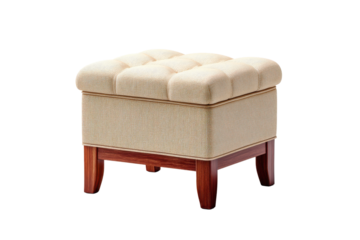 Refined and sophisticated tufted beige upholstered ottoman with smooth wooden legs providing a comfortable and versatile seating or footrest option for living rooms