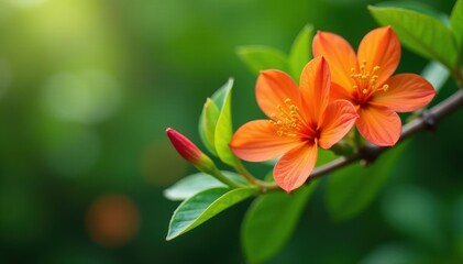 Fototapeta premium Vibrant orange blossoms, green leaves, delicate branches , hand painted, citrus