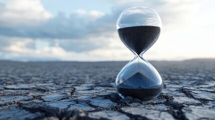 Hourglass filled with black sand placed on cracked desert ground against a cloudy sky, symbolizing the passage of time and natural beauty