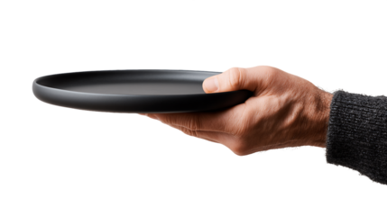 Hand Holding a Matte Black Plate Against a Transparent Background, PNG