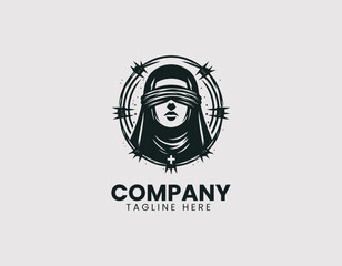 Obraz premium Blindfolded Nun with Barbed Wire Halo Illustration Vector Logo Design
