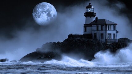 Coastal lighthouse, moonlit storm, ocean waves crashing, night scene, travel poster