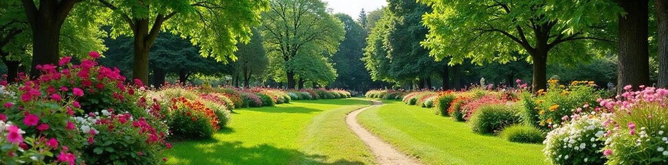 Vibrant flowerbeds and whimsical sculptures adorn a beautifully landscaped park, perfect for a relaxing stroll or a lively picnic , summer, sunny, vibrant