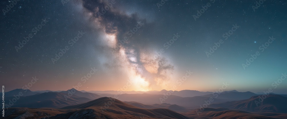 Wall mural majestic milky way arches over rolling mountain ridges at twilight in a serene vista with celestial 