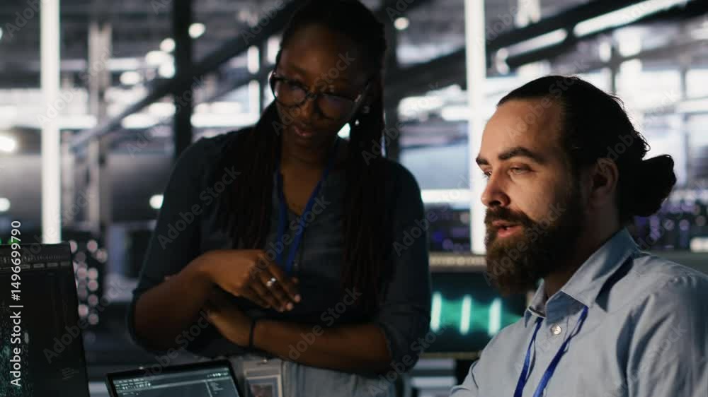 Poster data center system administrators working together, collaborating on neural network software develop