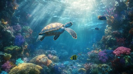 Fototapeta premium Sea turtle in vibrant coral reef