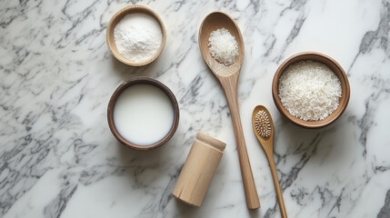 Flat lay of DIY rice water beauty ingredients and tools, highlighting homemade skincare routines