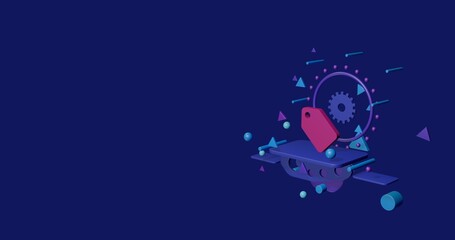 Naklejka premium Pink discount label symbol on a pedestal of abstract geometric shapes floating in the air. Abstract concept art with flying shapes on the right. 3d illustration on indigo background