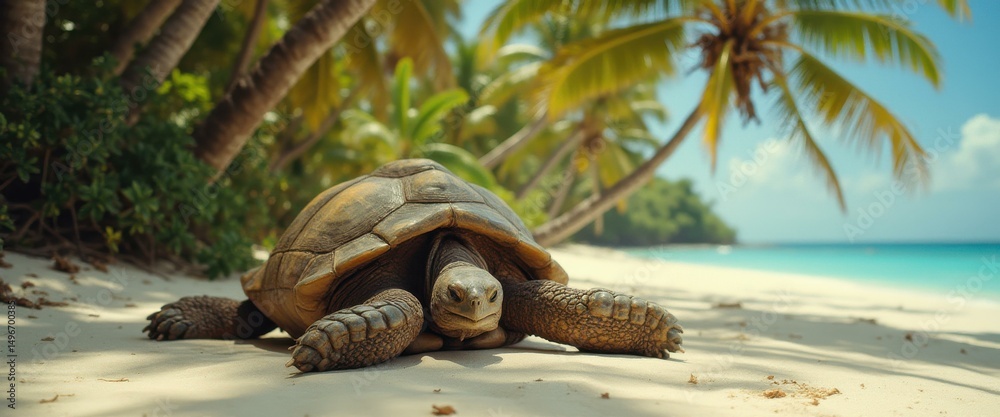 Poster tranquil beach scene featuring a large tortoise basking under palm trees, with clear turquoise ocean