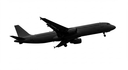 Obraz premium 滑走路降下する黒い旅客機シルエット 鮮明なコントラスト. AI Generated