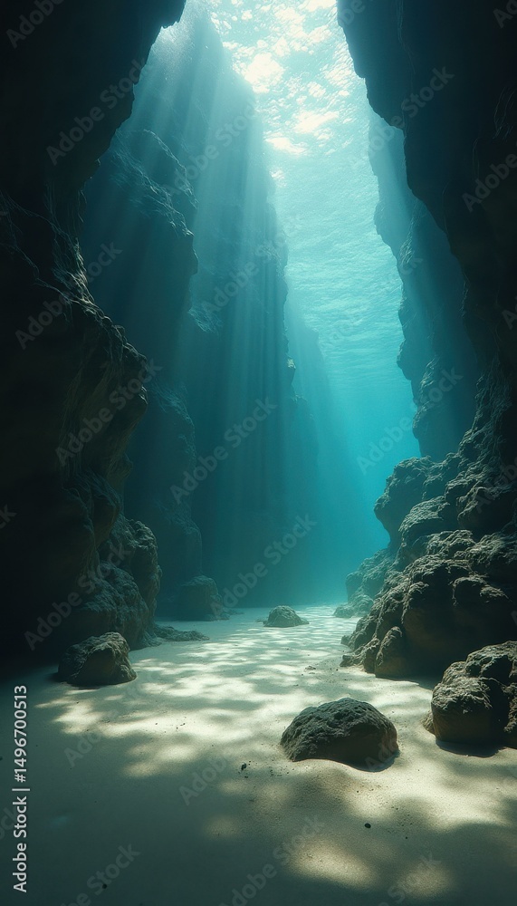 Aufkleber underwater canyon with sunlight streaming through azure water creating ethereal light and shadow pat