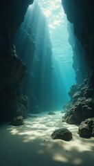 Obraz premium Underwater Canyon with Sunlight Streaming Through Azure Water Creating Ethereal Light and Shadow Patterns on the Sandy Floor