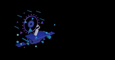 White dynamite symbol on a pedestal of abstract geometric shapes floating in the air. Abstract concept art with flying shapes on the left. 3d illustration on black background