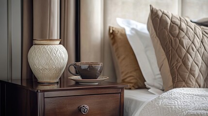 Coffee and ceramic vase on retro nightstand with beige velvet bedding