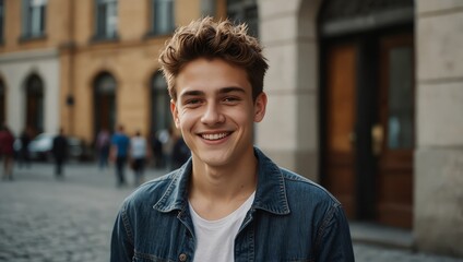Happy teen in a city setting, standing confidently in front of a building.

