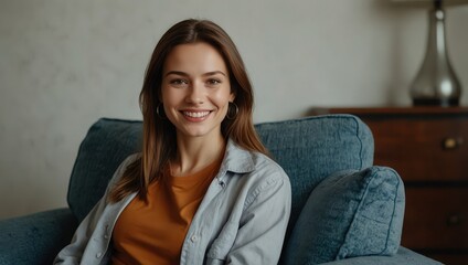 Portrait of smiling woman sitting on armchair at home