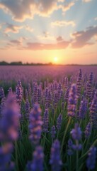 Naklejka premium Lavender field blooms under pastel sky at sunset, showcasing purple flowers and serene atmosphere