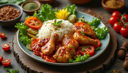 Fototapeta premium A plate of food with a piece of chicken and rice 