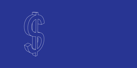 The outline of a large dollar symbol made of white lines on the left. 3D view of the object in perspective. Vector illustration on indigo background