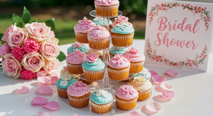 Cupcake display for bridal shower with pink and blue decorations  